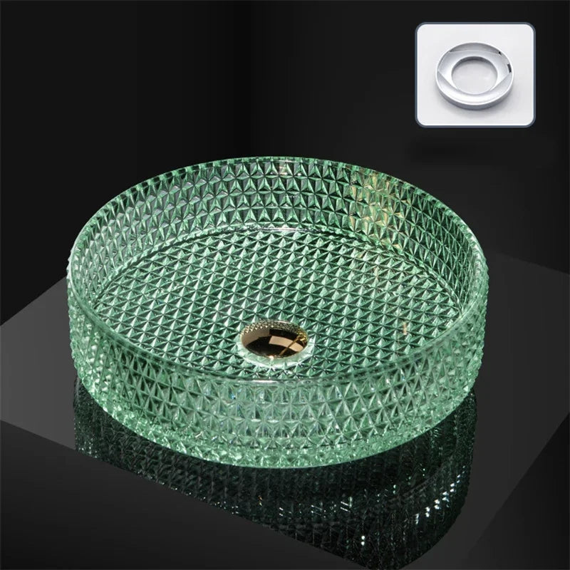 Luxuriöses Waschbecken aus Kristallglas, Badezimmer-Waschbecken, rosa Arbeitsplatte, Kunstbecken, rundes Mini-Schüsselbecken, Waschraum-Waschbecken mit Wasserhähnen