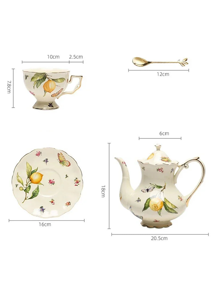 European Style Ceramic Mug Coffee Cup and Saucers Set Lemon Pattern Retro Afternoon tea cup Dessert Plate Teapot Home kettle.