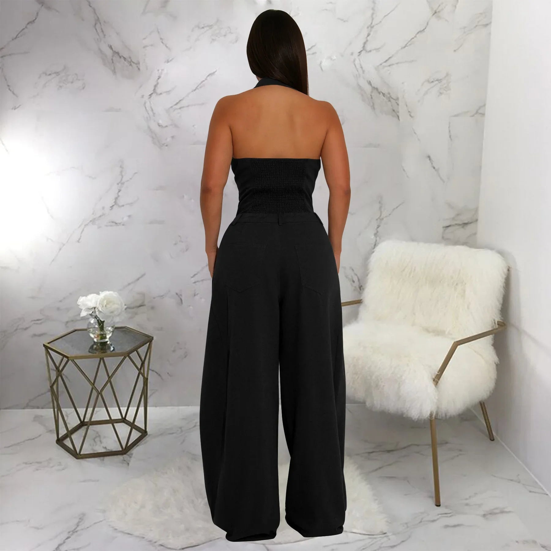 Fashionable Backless Casual Romper with Pockets for Women Summer Breathable Lightweight Solid Color One-Piece Suit.