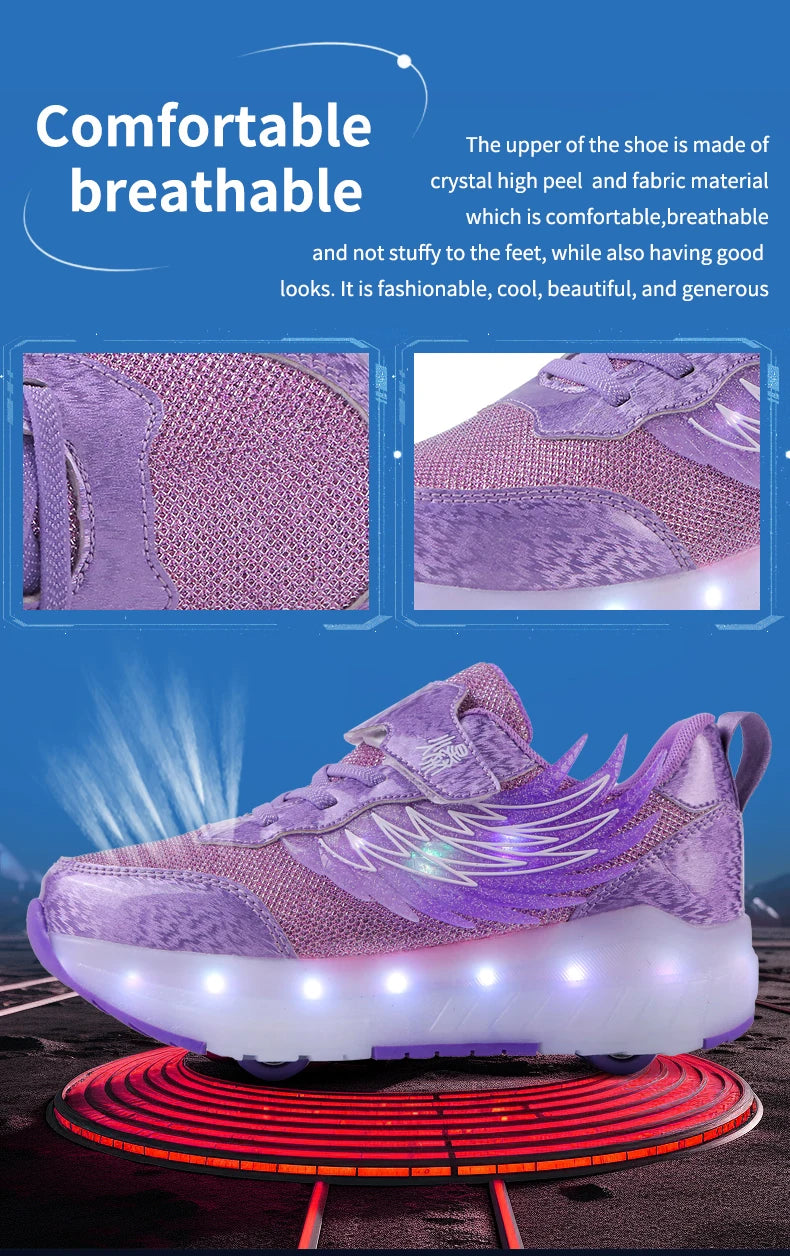 Boys Girls Roller Shoes LED Light Up USB Charging Children Roller Skate Casual Skateboarding Shoes Sports Shoes Kids Sneakers.