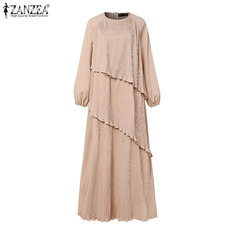 2025 ZANZEA Fashion Women Autumn Long Sleeve Maxi Sundress Muslim Abaya Dresses Duabi Robe Femme IsIamic Clothing Hijab Vestidos.