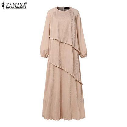 2025 ZANZEA Fashion Women Autumn Long Sleeve Maxi Sundress Muslim Abaya Dresses Duabi Robe Femme IsIamic Clothing Hijab Vestidos.