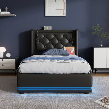 KOMHTOM PU-Material Hydraulisches Stauraumbett, mit USB Typ-C Ladefunktion, 3-seitige LED-Funktion, ohne Matratze