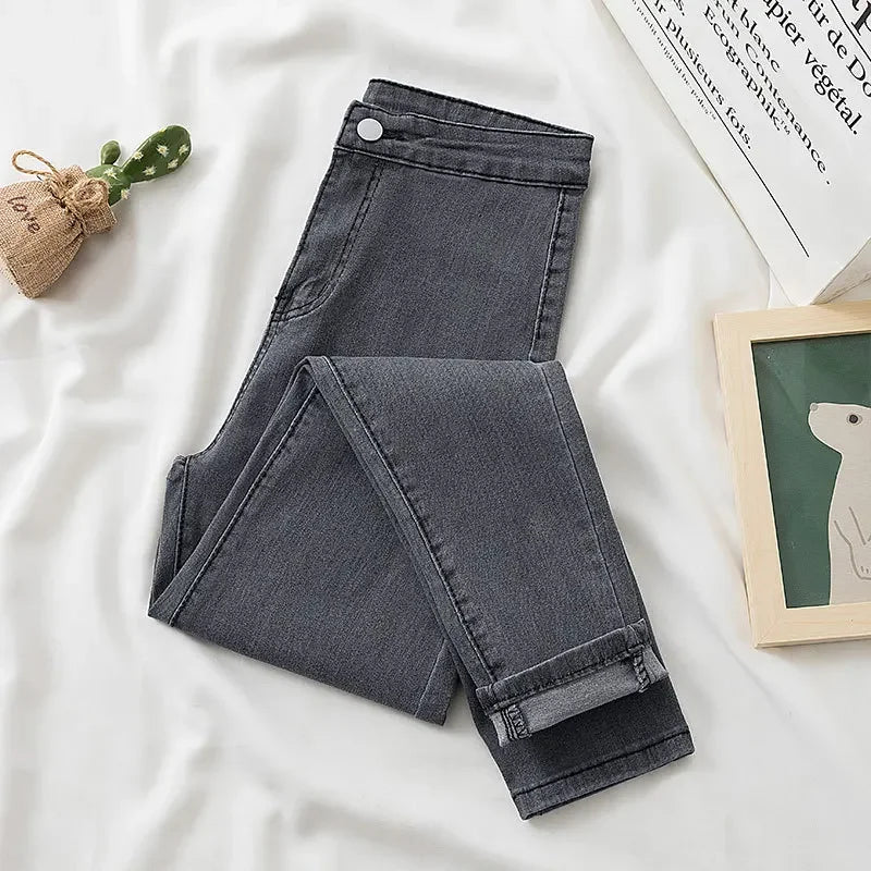 High Waist Slim Fit Stretchy Denim Pants Retro Butt Enhancing Cuff Jeans Black Pencil Pants Fashionable Elastic Trousers.