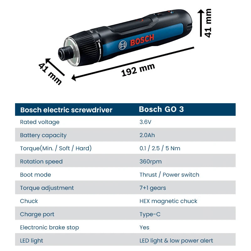 Bosch GO 3 Elektroschrauber-Set, 3,6 V, 5 Nm, kabellose Mini-Handbohrmaschine, wiederaufladbarer Schraubendreher, Bosch Multifunktions-Elektrowerkzeug