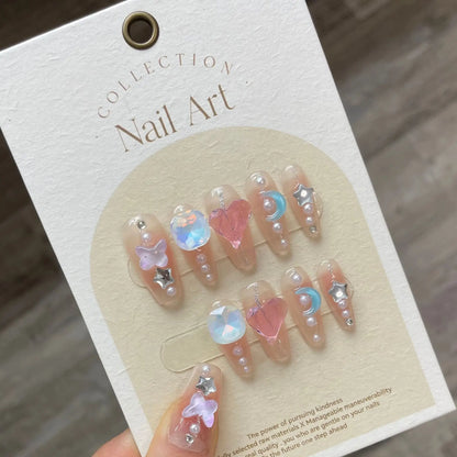 10Pcs Handmade Press on Nails Long Ballet Blue Fake Nails with 3D Ocean Moon Rhinestone Design False Nails Full Cover Nail Tips.