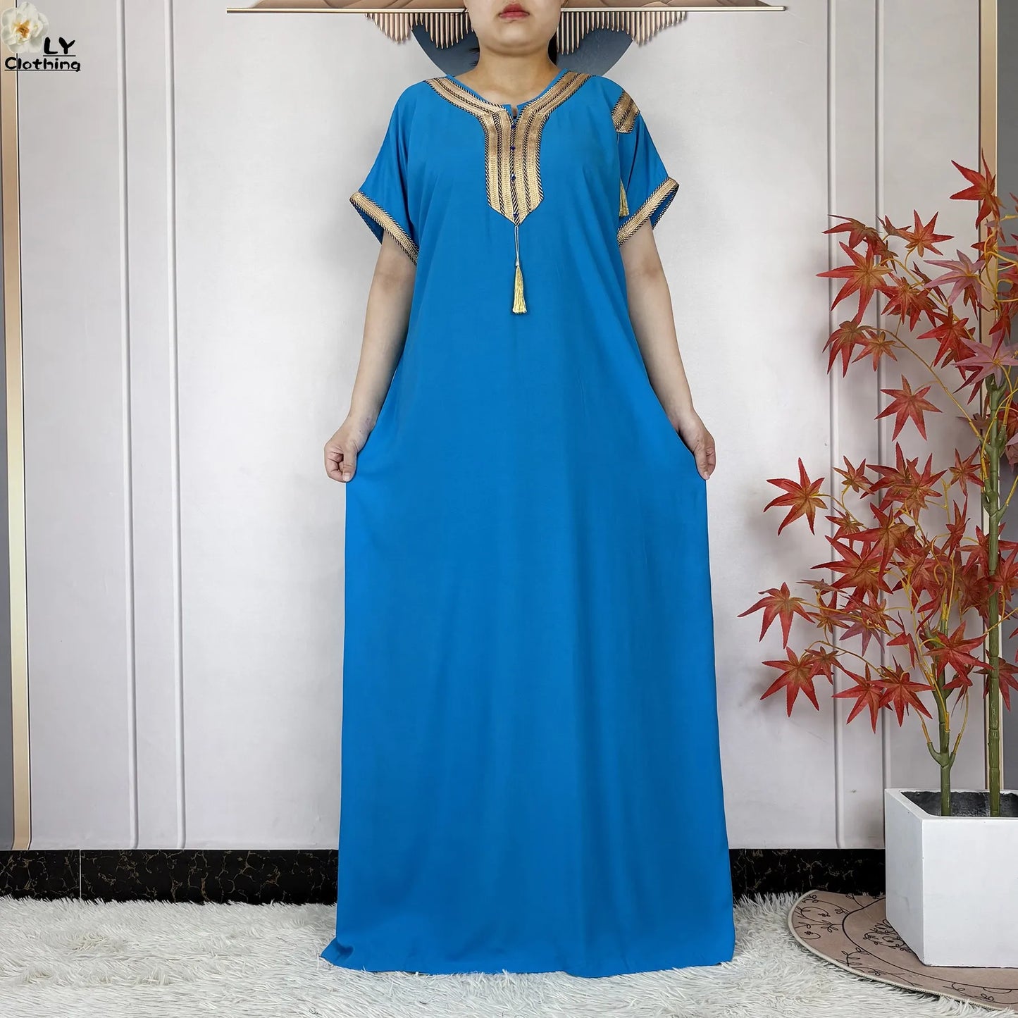 New Muslim Abayas Summer Short Sleeve African Dashiki Tassels Cotton Loose Caftan Lady Maxi Islam Casual Dresses With Headscarf.