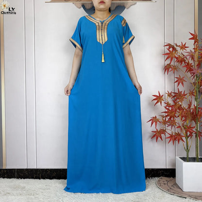 New Muslim Abayas Summer Short Sleeve African Dashiki Tassels Cotton Loose Caftan Lady Maxi Islam Casual Dresses With Headscarf.