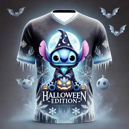 Disney Women's Men's Sports Jersey Halloween Stitch Print Short Sleeve Summer Graphic Tee Children Cartoon Size Sport T-Shirt.