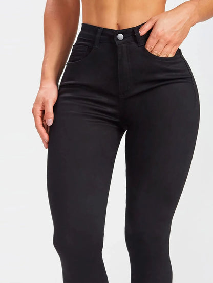 Women's Mid-Waist Slim Fit Black Denim Pants Elastic Casual Style Comfortable Cotton Long Trousers Versatile All-Season Jeans.