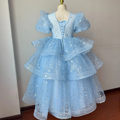 Mädchen Kleid 2025 Neue Frühling Elsa Baby Prinzessin Kleid Puffy Tüll Blau Geburtstag Kleine Host Leistung.