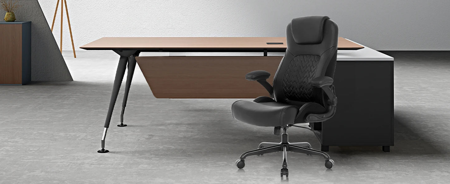 Ralex-Stuhl Ergonomischer Bürostuhl mit 200 kg Tragkraft, PU-Leder-Schreibtischstuhl mit Lordosenstütze und hochklappbaren Armlehnen,