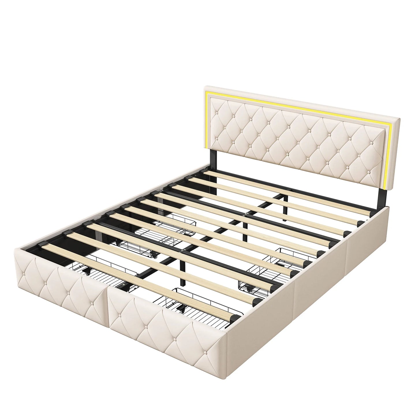 Rosahqnda Modernes Kunstlederbett mit Schubladen, stilvolles Doppelbett aus Kunstleder mit Stauraum, ohne Matratze