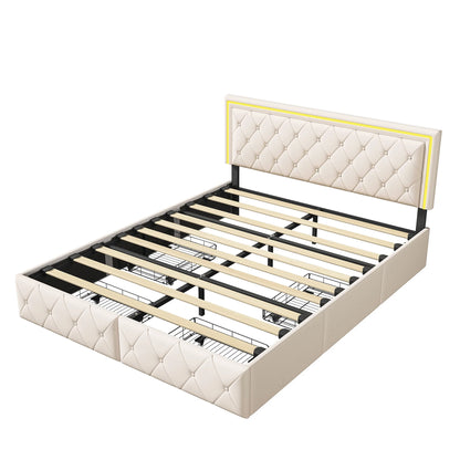 Rosahqnda Modernes Kunstlederbett mit Schubladen, stilvolles Doppelbett aus Kunstleder mit Stauraum, ohne Matratze