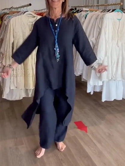 Spring Autumn Solid Color O Neck Seven-point Sleeve Long Women Suit Retro Casual Loose Seven-point Pants Cotton Linen 2piece Set.