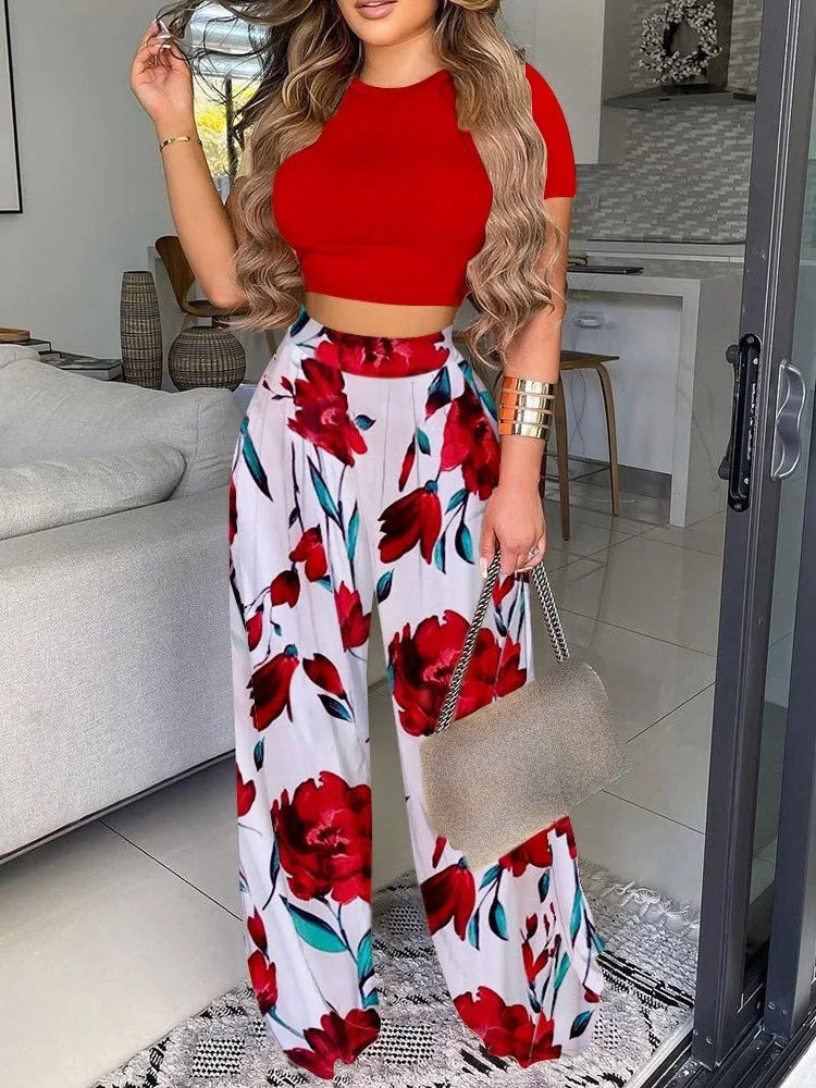 New Women's Sexy Ultra Short Top Set Summer Fashion Printed Corset Waist Long Pants Slim Elegant Female Casual Pants 2 Piece Set.