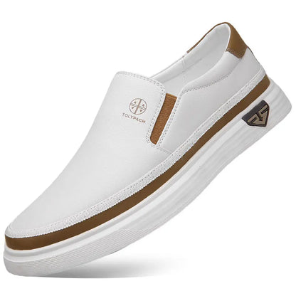 New 2025 Men's Genuine Leather Casual Sneakers Spring Summer Fashion Slip-On White Shoes Soft Sole Comfortable for Everyday Wear.