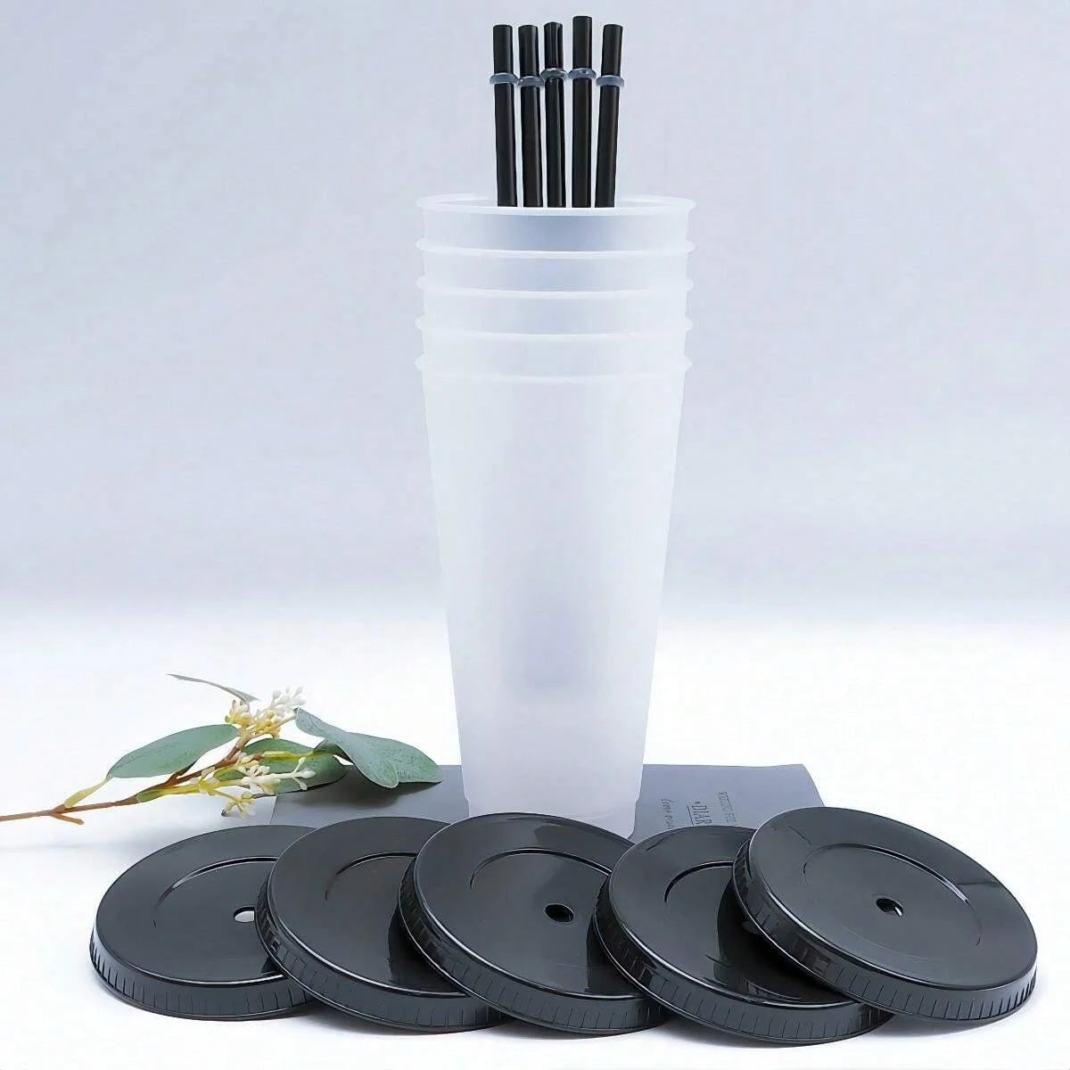5pcs 24oz Transparent Reusable Tumblers With Black Lids and Straws Iced Coffee Water Bottle Cold Smoothie Cups For Parties Drink.