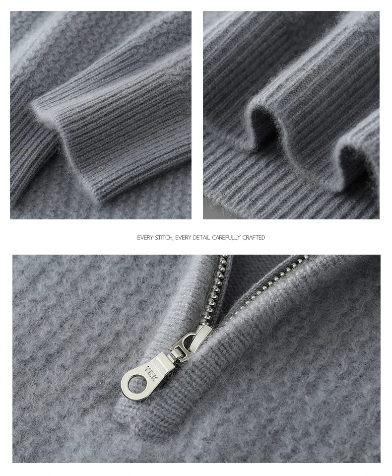 Men's 100% Merino Wool Thicken Sweater Half Zipper Mock Collar Pullover Autumn Winter Cashmere Knitwear Business Casual Clothing