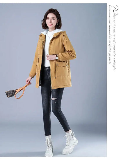 Fleece-gefütterte Kapuze, Daunenjacke, Wintermantel für Damen, warme, mit Kordelzug gepolsterte Parkas, mittellanger Mantel, Streetwear, gepolsterte Kleidung.