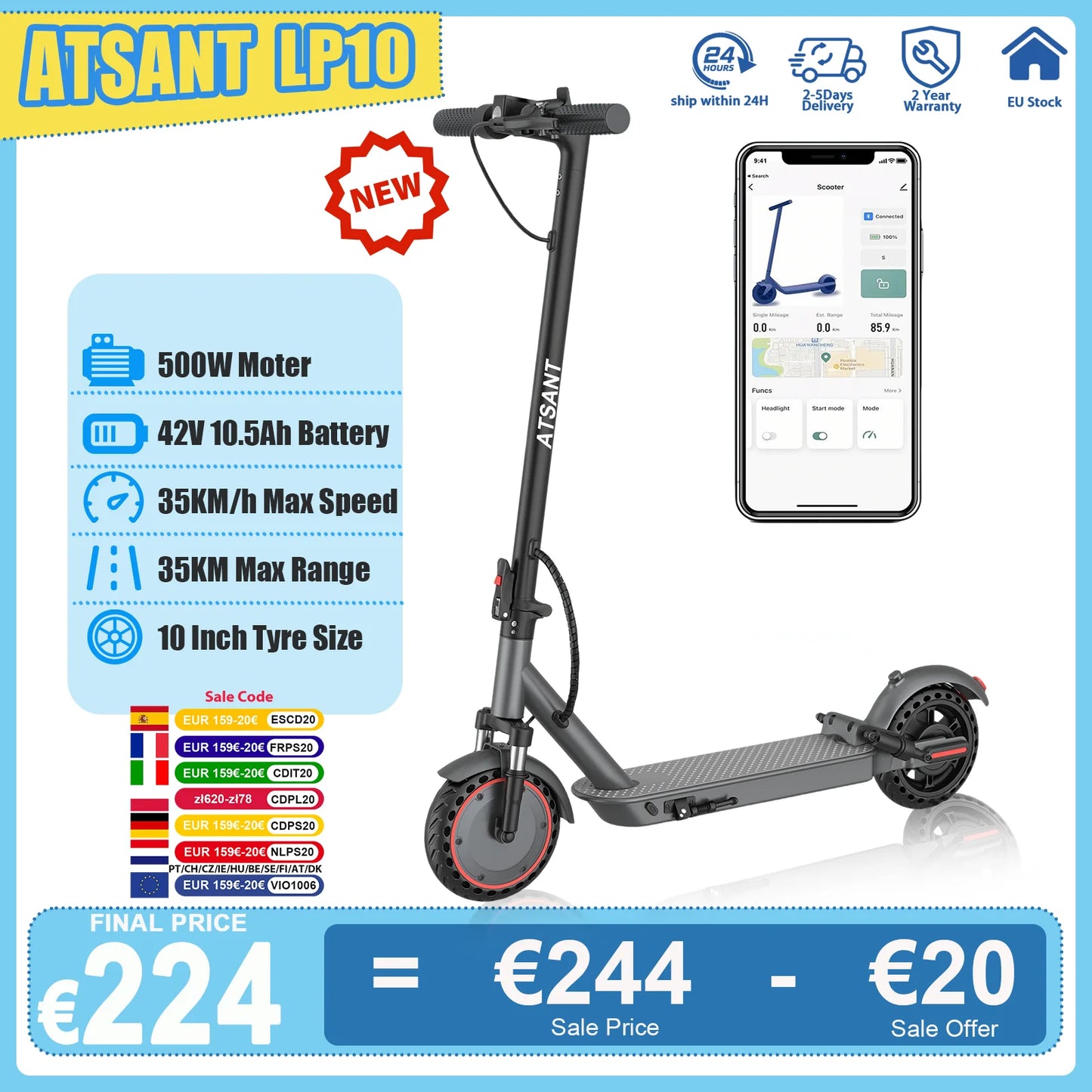 ATSANT LP10 Electric Scooter 500W Powerful Motor 42V10.5Ah 35KM/H 35KM Long Range 10Inch Tyre with APP Shock Absorbing EScooter.