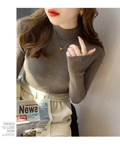 Herbst Winter Frauen Mock neck Pullover Pullover Tops Strickwaren Mode Weibliche Lange Hülse Dünne Elastische Beiläufige Gestrickte Shirts