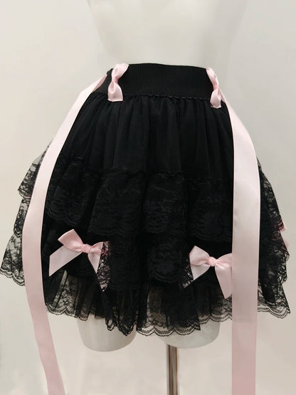 Multilayered Lace Skirts for Sweet Girls Summer Ribbons Bows Decoration Elastic Waist Lolita Style White Skirt Kawaii Clothes.