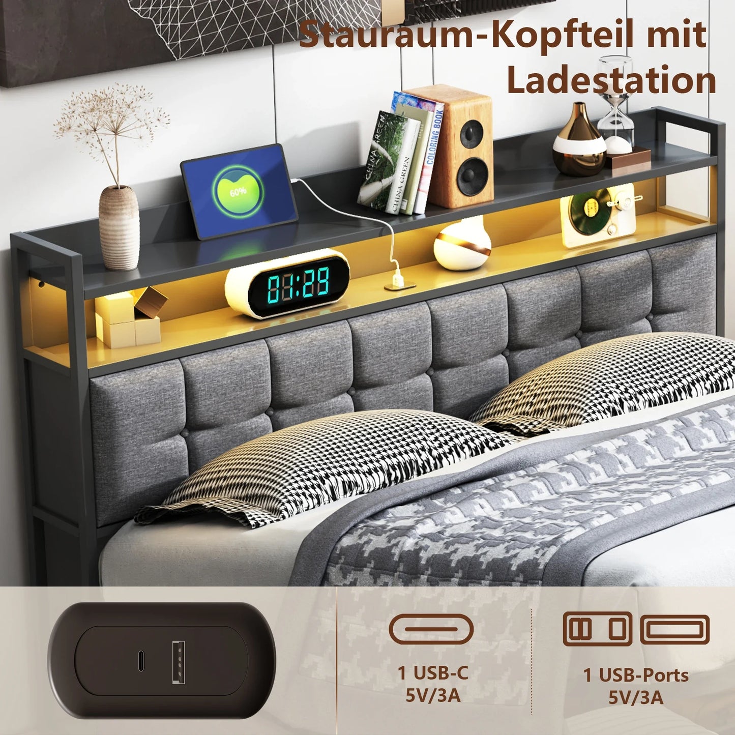 Rosahqnda Kissenbett, gepolstertes hydraulisches Bettgestell, graues Leinenkopfteil, Leinenstoff ohne Matratze