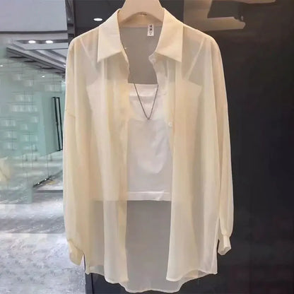Sheer Chiffon Shirt Women's Casual UV Resistant Cardigan Summer Thin Commuting Coat Japanese Fashion Mesh Sunscreen Clothing Y2k