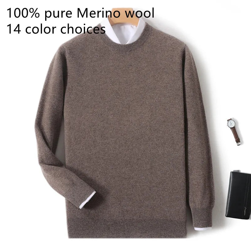 2025 100% Pure Merino Wool Men's Round Neck Pullover Solid Color Plus Size Casual Sweater Autumn And Winter Sports Cashmere Top.