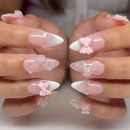 White Glitter Powder Bowknot Long Pointed Fake Nails Art Ballet False Nail Cow Print Pearl Rhinestone Pink Almond Press on Nails