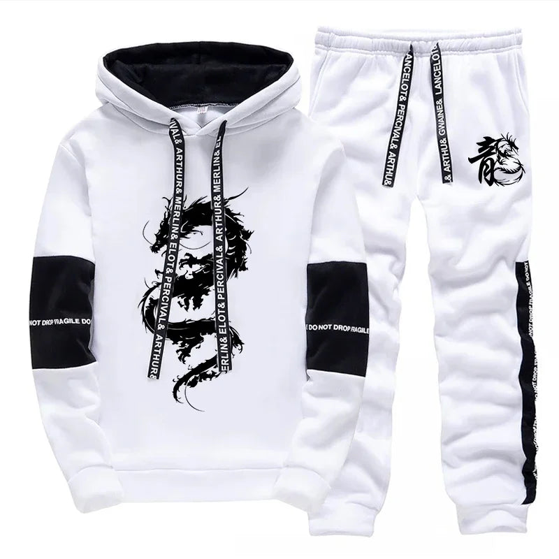 Men's Hooded Sweatshirt Sweatpants 2pcs Set Urban Casual Fashion Hoodie Outfits Dragon Printed Pullover Male Sporty Jogger Suit.
