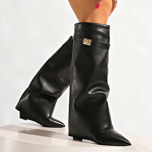 Black Pu Leather Knee High Boots Women Sexy Pointed Toe Straight Leg Boots Woman Punk Style Wedge High Heels Long Botas Mujer.