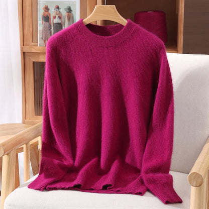 Women's Round-neck Mink Cashmere Sweater Soft Pullover Jumper Comfortable Knitted Top for Autumn Winter Pure Mink Material