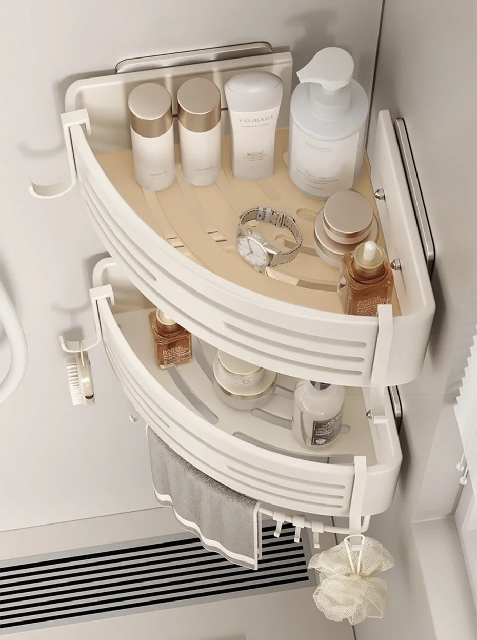 Weiße Badezimmerregale mit Handtuchhalter und Haken, Shampoo-Make-up-Aufbewahrungsorganisator, selbstklebendes, an der Wand montiertes Dusch-Eckregal