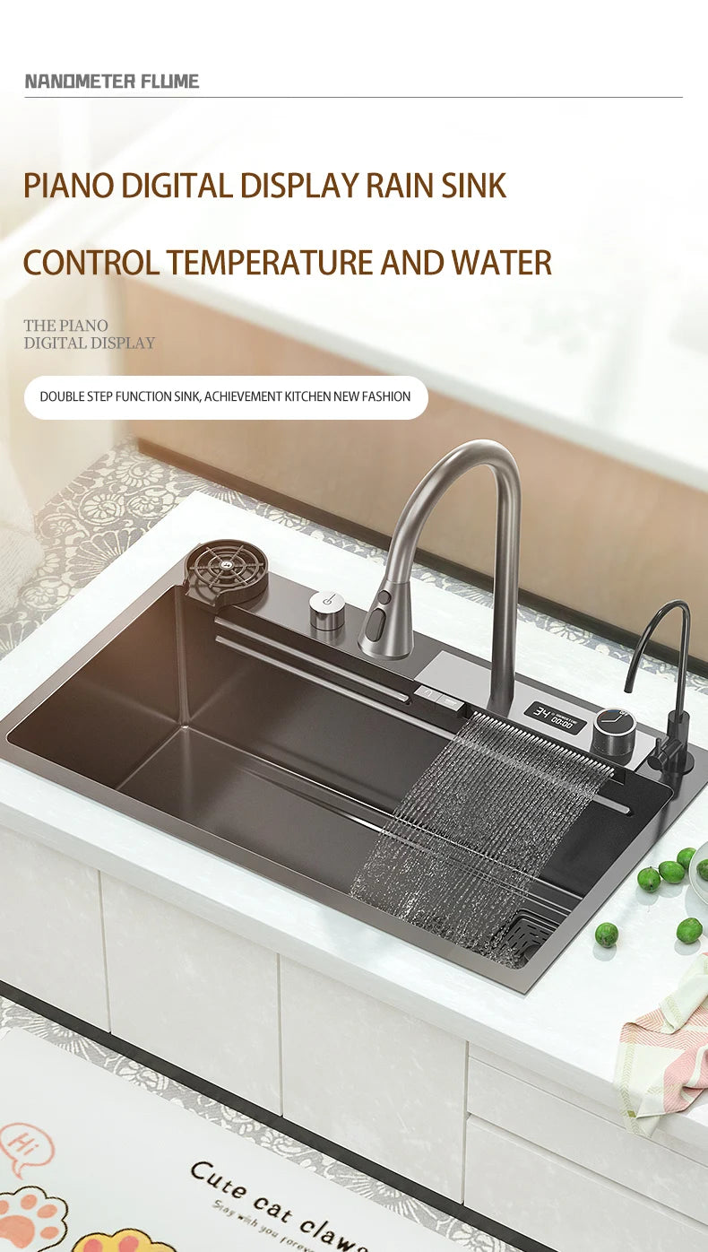 Waterfall Sink Kitchen Stainless Steel Topmount Sink Large Single Slot Wash Basin With Multifunction Touch Waterfall Faucet