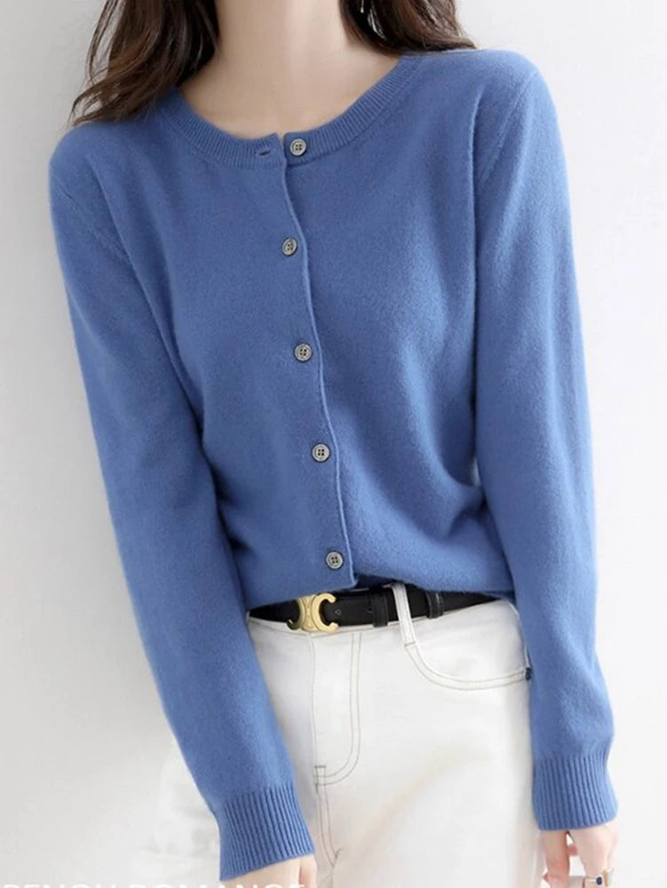 Women Knitted Cardigans Autumn Winter 2025 Round Neck Casual Long Sleeve Tops Solid Basic Soft Sweaters Female.