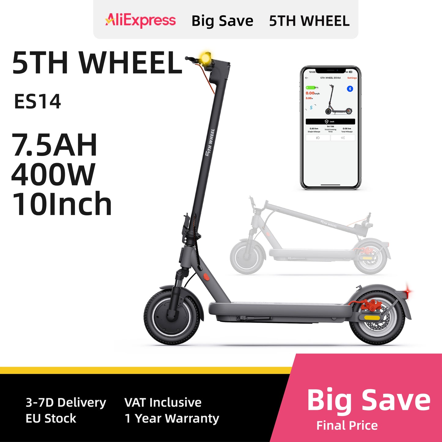 5TH WHEEL ES14 （ABE)Adult E-Scooter 400W Motor 48V 7.5AH Battery City Electric Scooter 10" Solid Tires Foldable EScooter.