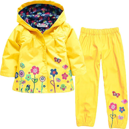 Spring Autumn Waterproof Girls Clothing Sets Flower Pattern Raincoat Coat + Pant 2Pcs Girls Suits 2 3 4 5 6 Years Kids Clothes.
