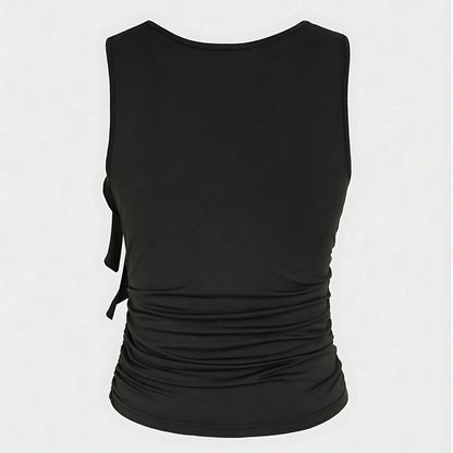 Slim Fit Basic Style Sleeveless round Neck Wrap Single Shoulder Vest Summer Waist Pleated Design Sexy Collarless Tank Top.