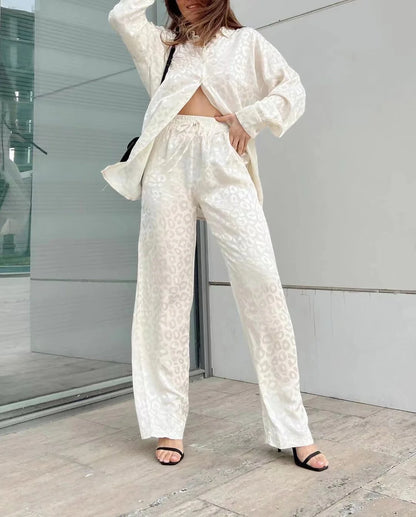 2024 Autumn White Satin Wide Leg Trousers Suit For Women Office Leopard Print Two-Piece Set Home Tracksuit Female Pajamas Sets