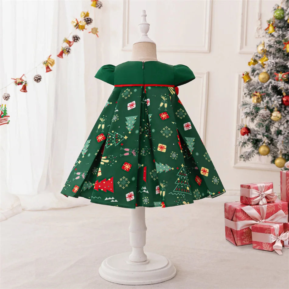 Kleinkind Santa Claus Cartoon Gedruckt Bogen Prinzessin Kleid Infant Weihnachten Thema Party Ballkleid Neugeborenen Nette Charme Kostüme.