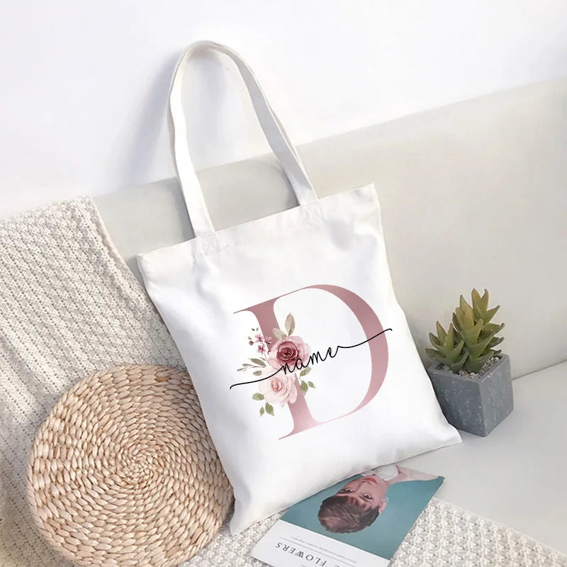 Custom Name White Canvas Tote Bag Large Capacity Foldable Supermarket Shopping Bag for Women Shopper Personalized Handbags.
