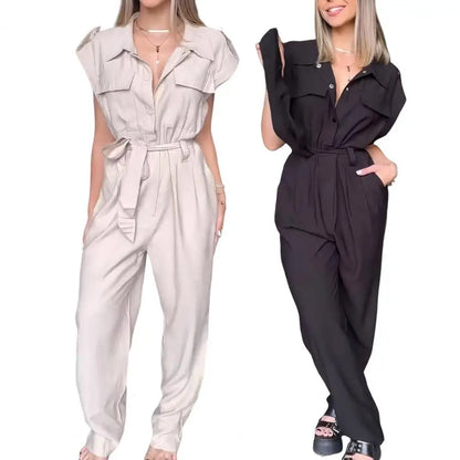 Elegant Women Jumpsuit Lapel Sleeveless Belt Design Romper with Pockets Solid Color Wide Leg Pants Versatile Jumpsuit.