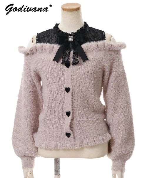 Liz-Pullover, japanische Massenproduktion, Herbst- und Winterwolle, schulterfrei, Spitze, schmaler kurzer Pullover, weicher, pelziger Strickpullover