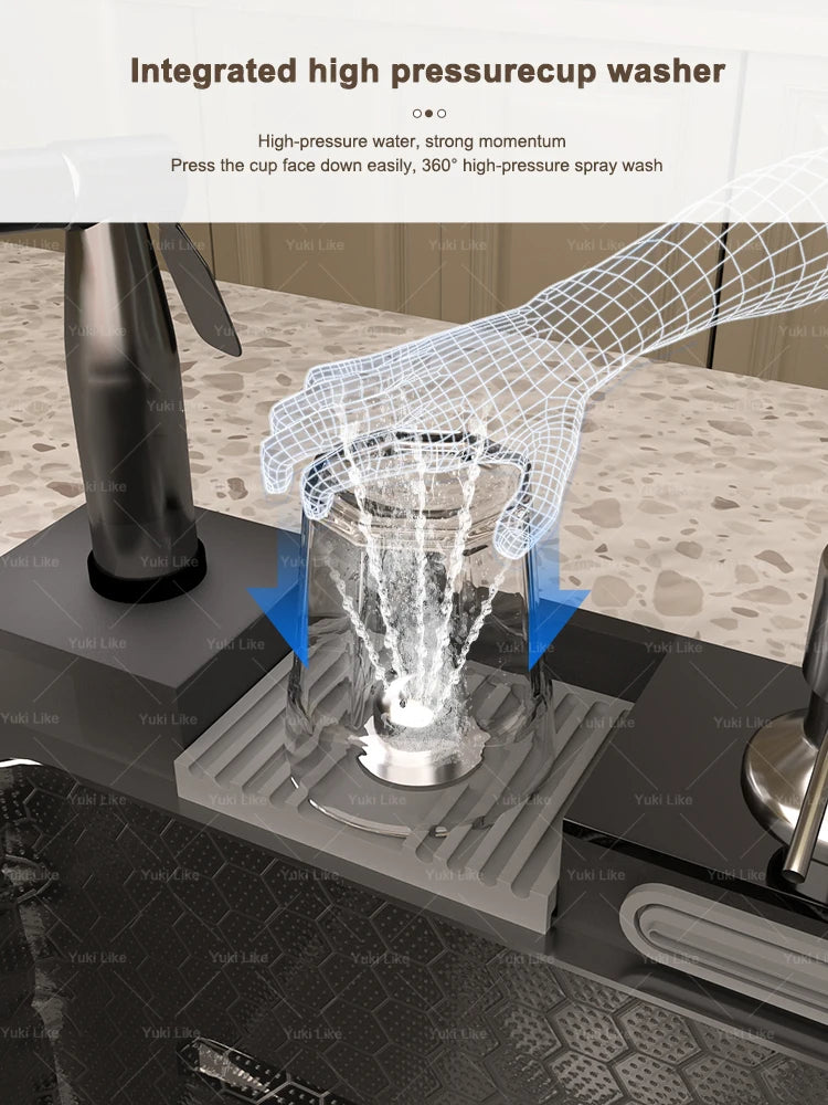 Stainless Steel Waterfall Kitchen Sink Extra Large Single Slot Multifunctional Sinks Digital Display Dishwashing Basin