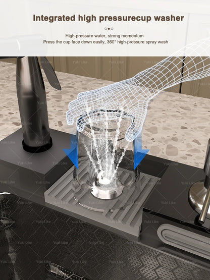 Golden Stainless Steel Waterfall Kitchen Sink Gold Embossed Extra Large Single Slot Digital Display Dishwashing Basin 100x50cm