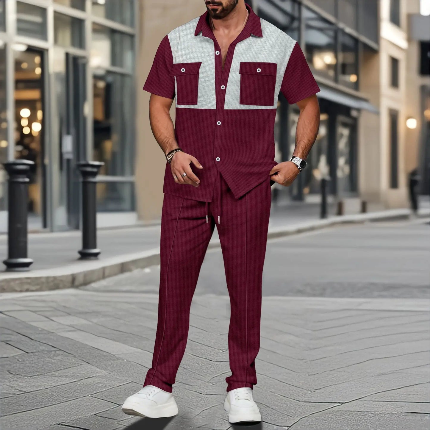 2025 Summer New Men Light Ripe Casual solid Color Button Pocket Fashion Waffle trend Shirt Short-Sleeved Trousers Two-piece Set.