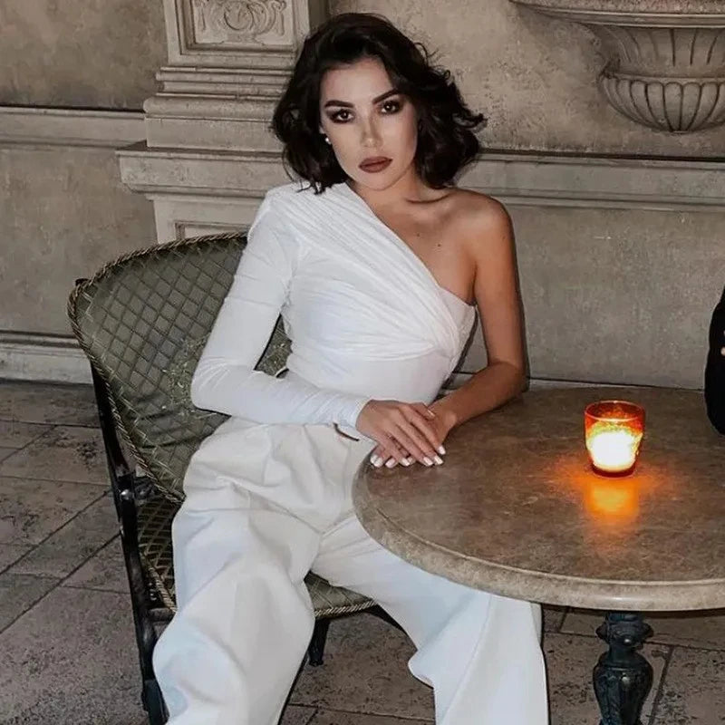 Elegant Office Lady One Shoulder Skinny Bodysuit for Women Jumpsuit Sexy Cut Out Rompers Sexy One Piece Female Overalls.