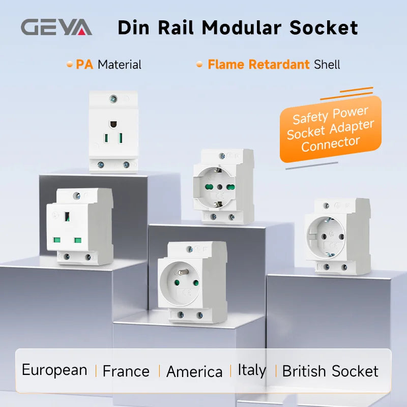 GEYA 16A 220V AC DIN-Schienen-modulare Steckdose – 35 mm, EU/FR/US/BK/IT, industrieller und privater Gebrauch, Netzteil-Adapter-Anschluss.